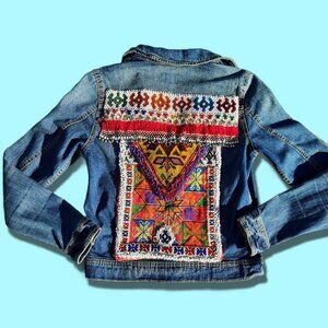 Beaded Boho Upcycled Denim Embellished Jean Jacket Womens S Hippie Festival